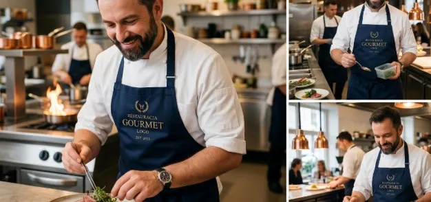 Kucharz w profesjonalnym stroju gastronomicznym, reprezentujący kolekcję odzieży kucharskiej z własnym nadrukiem dostępnej w sklepie